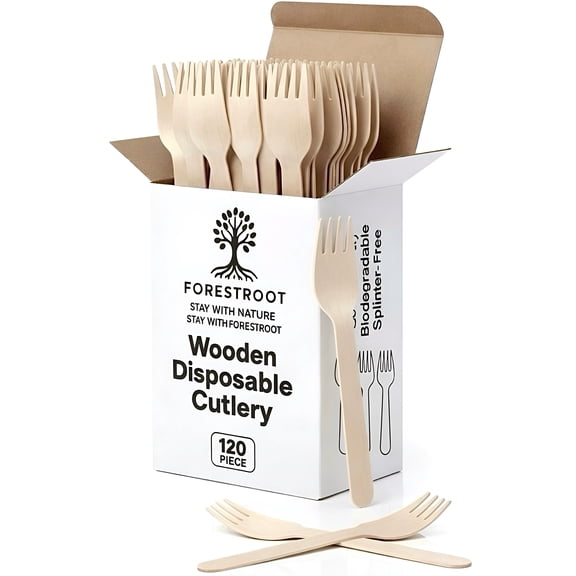 Forestroot Disposable Wooden Forks, 120 Pcs – Eco-Friendly Biodegradable Compostable Wooden Cutlery, Smooth & Splinter-Free Utensils for Parties, Picnics, Weddings, Camping & Catering