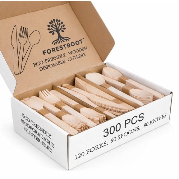 Forestroot Wooden Cutlery Set, 300 Pcs (120 Forks, 90 Spoons, 90 Knives) Eco-Friendly Disposable Wooden Utensils, Plastic-Free Compostable Party Cutlery, Sturdy & Smooth for Events, Picnics & Caterin