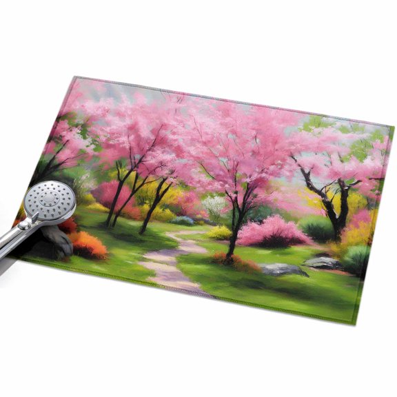 Forests 2x3ft Non Slip Area Rug Oil Painting Spring Pink Green Trees Grass Washable Soft Area Rugs for Living Room, Indoor Circle Carpet for Bedroom Dining Room Kitchen