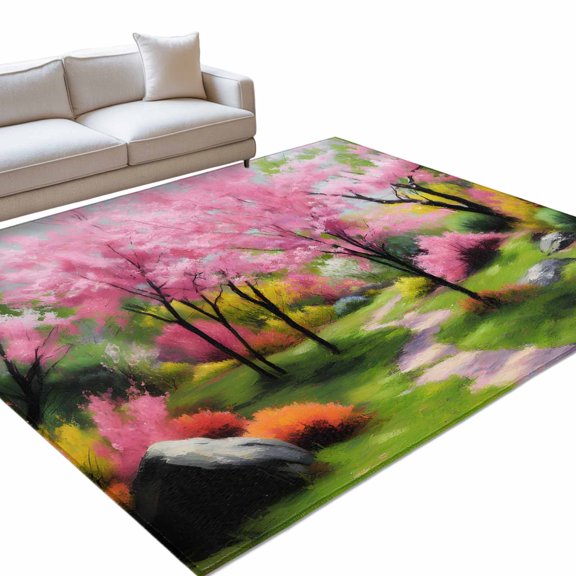 Forests 6x9ft Non Slip Area Rug Oil Painting Spring Pink Green Trees Grass Washable&nbsp;Soft Area Rugs for Living Room, Indoor&nbsp;Circle Carpet for Bedroom Dining Room Kitchen