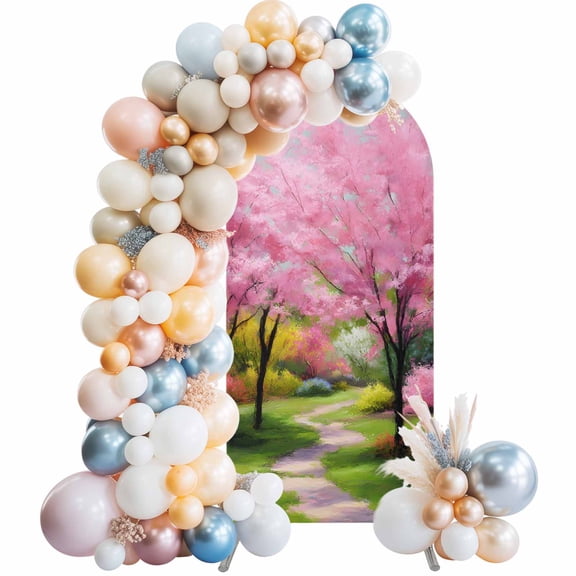 Forests Arch Backdrop Cover 4 FT Oil Painting Spring Pink Green Trees Grass Stretchy Elastic Arch Stand Covers Spandex Arched Background Birthday Wedding Party Decoration (No Stand)