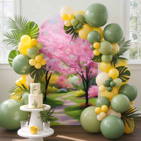 Forests Arch Backdrop Cover, 5FT, Oil Painting Spring Pink Green Trees Grass Spandex Arch Covers Double-Sided Backdrop for Wedding Birthday Party Photo Background Decoration