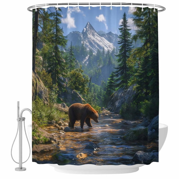 Forests Bears Shower Curtain Set - Small 36" x 72" Washable Bathtub Curtain with 12 Hooks, Modern Art Mountain Animals Watercolor Waterproof Fabric Stall Shower Curtains for Bathroom/Bathtub Décor