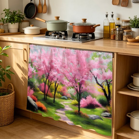 Forests Cabinet Curtains for Kitchen 35"W x 35"L, Oil Painting Spring Pink Green Trees Grass Laundry Sink Cabinets Magic Tape Short Curtain Privacy Panel for Bathroom Vanity Cabinets