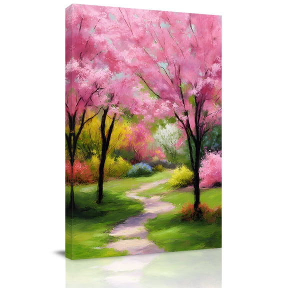 Forests Canvas Wall Art for Living Room, Oil Painting Spring Pink Green Trees Grass Wall Decor Framed Artwork Pictures Ready to Hang for Bedroom Office Home Decor