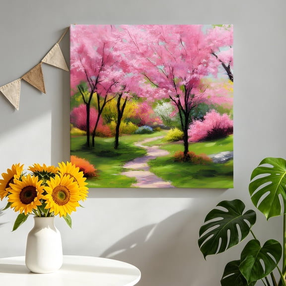 Forests Canvas Wall Art, Oil Painting Spring Pink Green Trees Grass Pictures Wall Decor Wooden Framed Artwork Art Prints for Living Room Hallway Bedroom Office 8"x8"