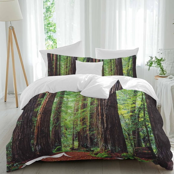 Forests Comforter Set Twin Size, Spring Brown Trees Forest Green Leaves Red Land Soft Bedding Set for Man Woman, 4 Pieces Duvet Cover Set with Fitted Sheet, 2 Pillowcases