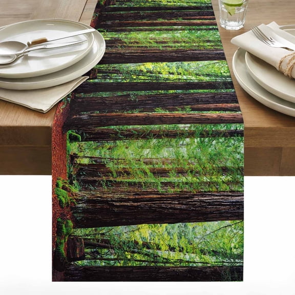Forests Cotton Linen Table Runner Spring Brown Trees Forest Green Leaves Red Land Dining Table Runners for Home Decor Party Dining Room Restaurant Kitchen 13" x 48"