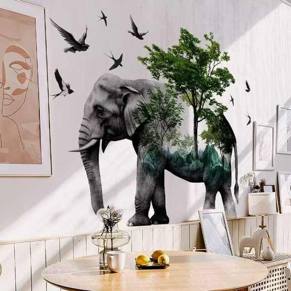 Forests Silhouette Animals Wall Decals - Removable Wild Elephant Tree & Birds Wall Art Decor for Children's Nursery & Living Room