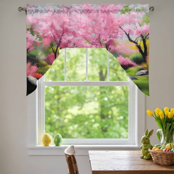 Forests Swag Valances for Kitchen Window, Oil Painting Spring Pink Green Trees Grass Small Swag Valances Rod Pocket Curtain Drapes Window Treatment for Bedroom Bathroom, 56x36 Inch