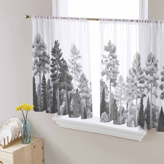 Forests Tree Sheer Curtains 54 Inch Length 2 Panels Set for Living Room/Bedroom, Nature Pine Maple Trees Pure Grey Semi Curtain Sheers Drapes Rod Pocket Curtains Window Treatment Set 52''x54''x2
