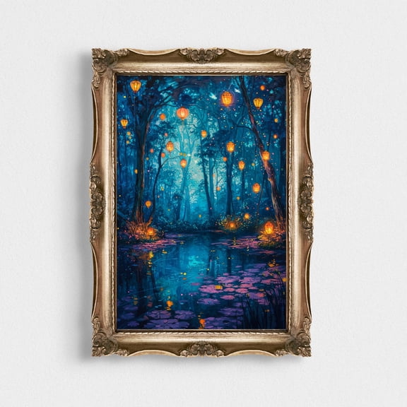 Forestscape Wall Art Poster, Glowing Lanterns, Majestic Trees, Meandering River, Fantasy, Living Room Decor, Woodland Wall Art, 8x12 UNFRAMED