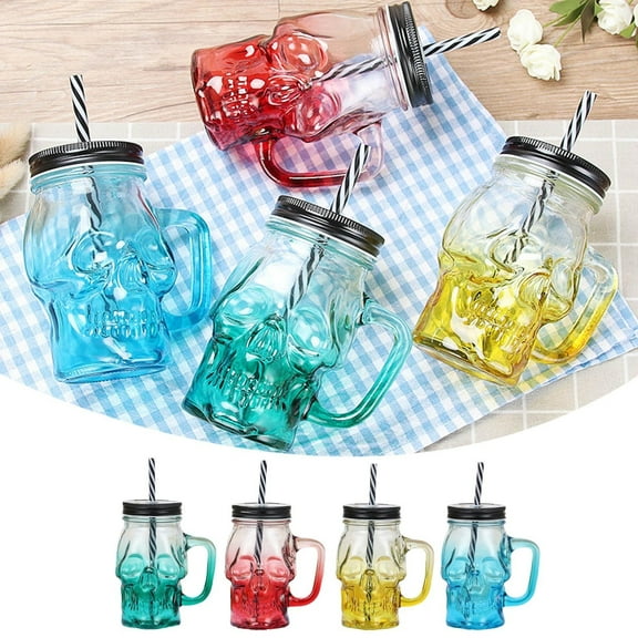 Forestwhale 16oz Skull Mason Jar Mug Glass Tumbler Cup with Cover & Straw Novelty Pub Bar Mug Jar Drinking Glasses for Beverage Liquor Red