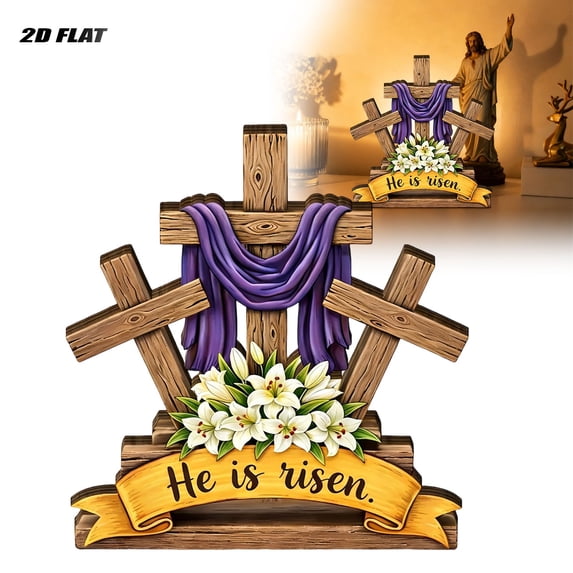 Forestwhale 2D Wooden Easter Resurrection Scene Ornament, He is Risen Hollow Wood Sign, Religious Tabletop Decor for Home, , and Easter Celebrations