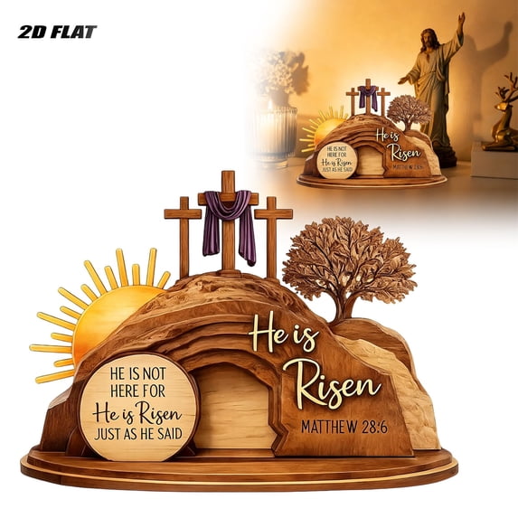 Forestwhale 2D Wooden Easter Resurrection Scene Ornament, He is Risen Hollow Wood Sign, Religious Tabletop Decor for Home, , and Easter Celebrations