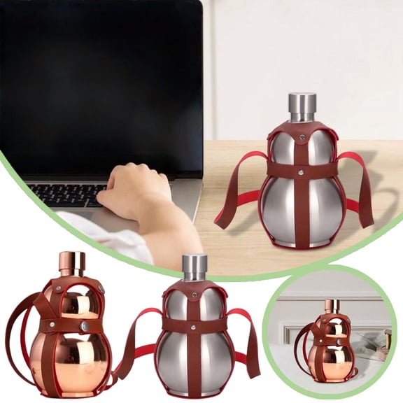 Forestwhale 50oz Stainless Steel Gourd Bottle Metal Gourd Water Bottle with Brown Strap Small Drinking Gourd Liquor Flask Flagon for Men Women Outdoor