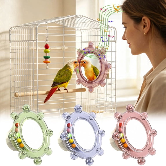 Forestwhale Bird Cage Mirror Toy with Rotating Sound Wheel 3.3" Interactive Chew for Budgies & Conures Blue