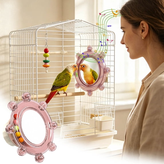 Forestwhale Bird Cage Mirror Toy with Rotating Sound Wheel 3.3" Interactive Chew for Budgies & Conures Pink