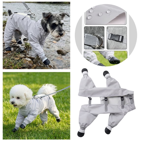 Forestwhale Dog Snowsuit with Built-In Boots Waterproof PU Full-Body Jumpsuit with Adjustable Suspenders for Winter Outdoor Hiking Grey - XS