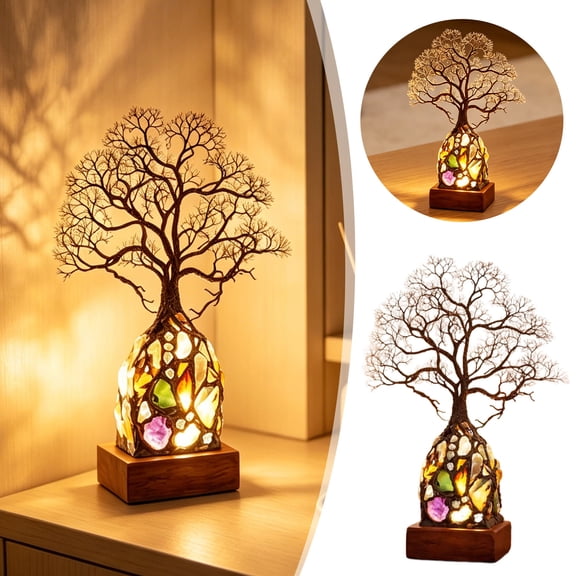 Forestwhale Wire Art Tree Table Lamp Decorative Gemstone Night Light with Wood Base LED Glow Ornament for Bedroom & Study