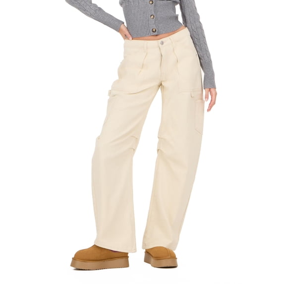 Forever 21 Women's Beige Barrel-Leg Cargo Jeans, Wide Barrel Silhouette for Everyday Casual Wear, Size 10
