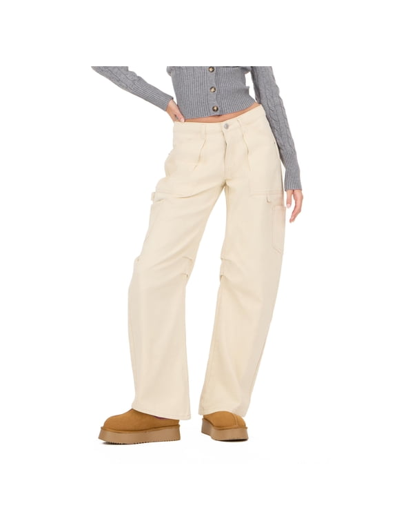 Women's Beige Barrel-Leg Cargo Jeans, Wide Barrel Silhouette for Everyday Casual Wear, Size 10