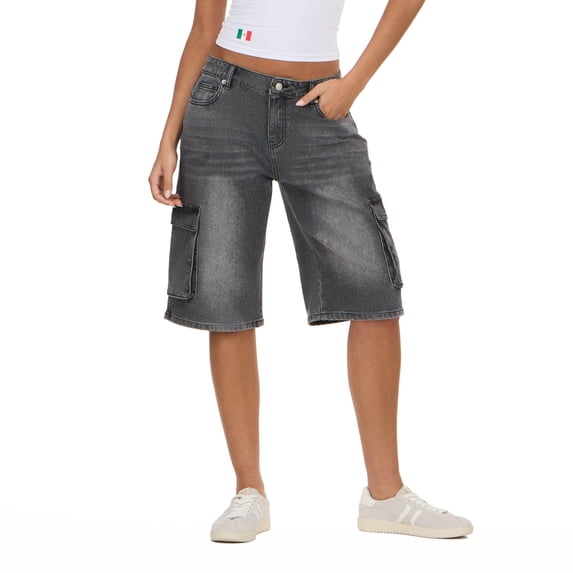 Forever 21 Women's Black Wash Cargo Long Denim Shorts, Cargo Pocket Design for Casual Summer Style, Size 12