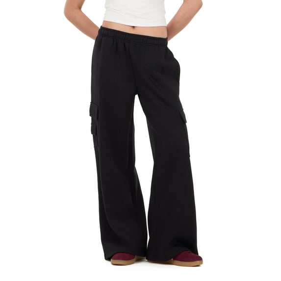 Forever 21 Women's Black Cargo Oversized Wide-Leg Sweatpant, Cargo Pocket Design for Athleisure & Lounging, XL