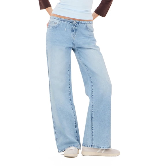 Forever 21 Women's Medium Wash Y2K Low-Rise Baggy Jeans, Side Stripe & Bow Accent, for Everyday Casual Wear, Sizes 8