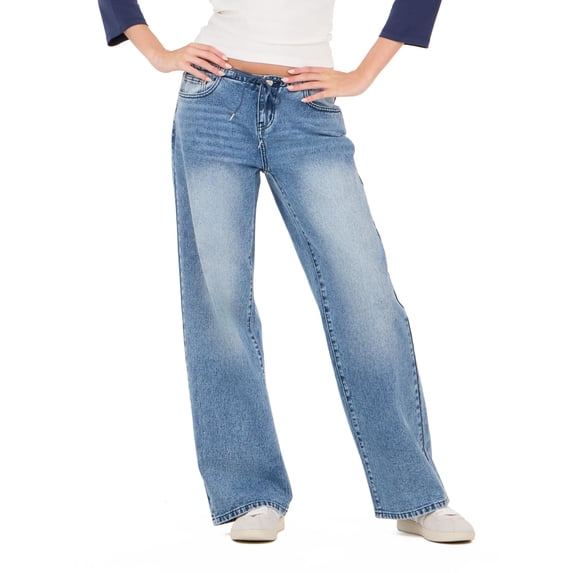 Forever 21 Women's Dark Blue Y2K Wide-Leg Denim, Minimal Tie Waist Detail for Everyday Casual Wear, Size 8