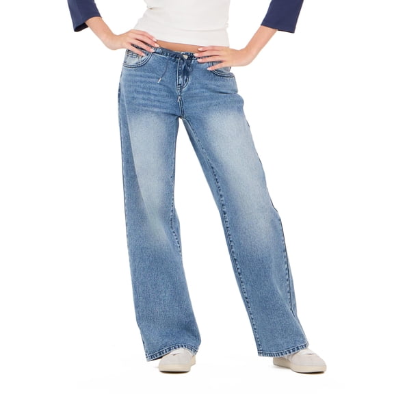 Forever 21 Women's Dark Blue Y2K Wide-Leg Denim, Minimal Tie Waist Detail for Everyday Casual Wear, Size 8
