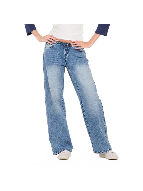 Women's Dark Blue Y2K Wide-Leg Denim, Minimal Tie Waist Detail for Everyday Casual Wear, Size 8