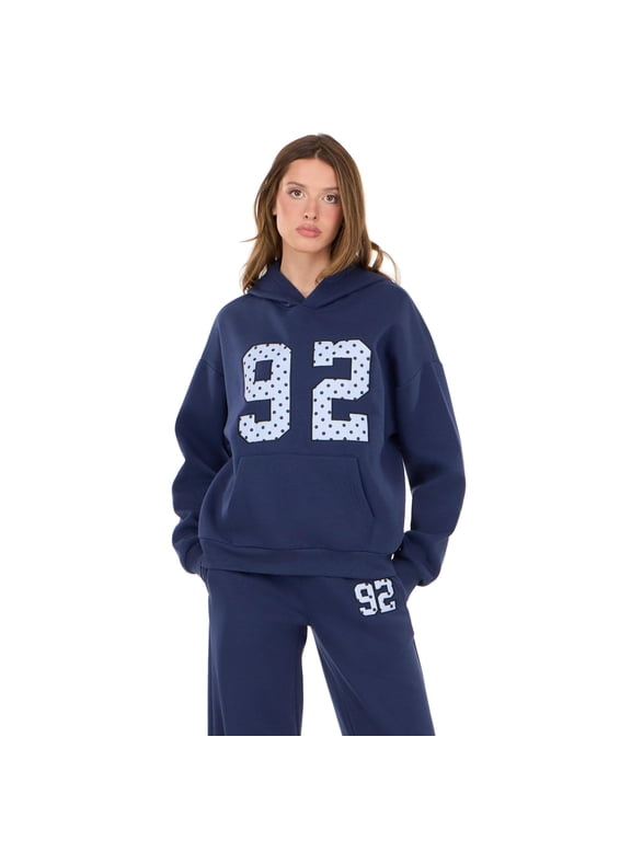 Women's Blue Y2K Oversized Hoodie, Polka Dot Print Graphic for Cozy Everyday Layering, S