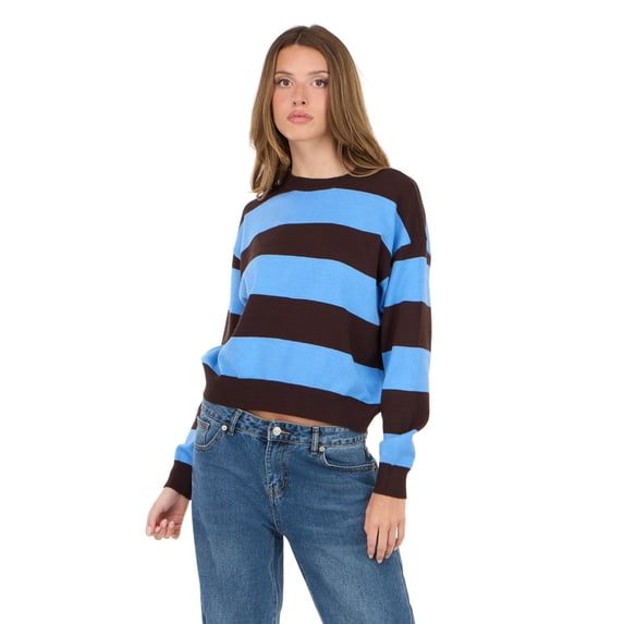 Forever 21 Women's Blue & Brown Preppy Sweater, Rugby Stripe Design for Cozy Fall Layering, XL