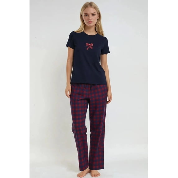 Forever 21 Bow Tee & Plaid Pants Pajama Set, Color-Red/Navy, Size-L
