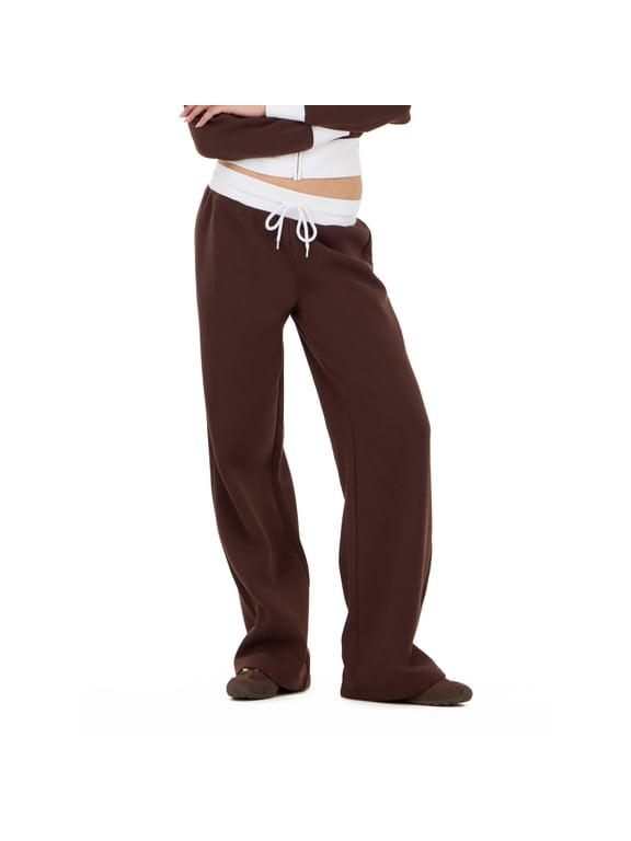 Women's Brown Low-Rise Jogger, Contrast Waistband, Wide-Leg Fit,XS