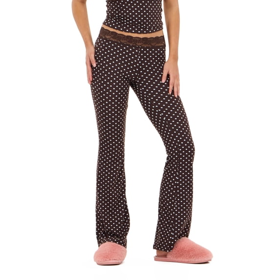 Forever 21 Women's Brown Polka Dot Flare Loungewear Pant, Lace Waistband Detail for Athleisure & Lounging, M