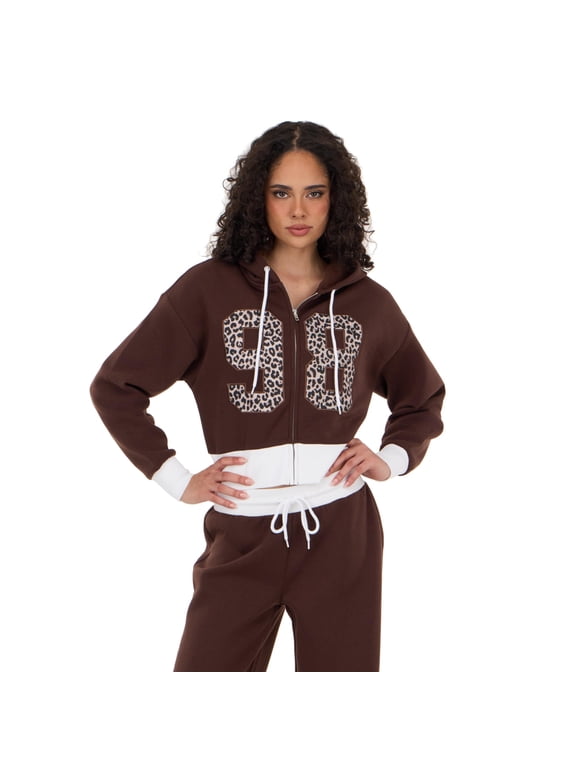 Women's Brown Cropped Zip-Up Hoodie, Varsity-Style Design, for Casual Streetwear Style, L