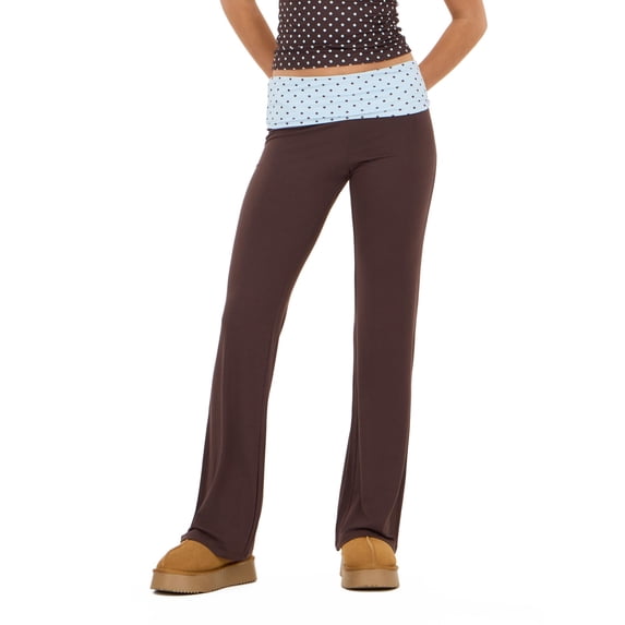 Forever 21 Women's Brown Y2K Foldover Flare Legging, Contrast Fold-Over Waist Design for Athleisure Everyday Wear, M