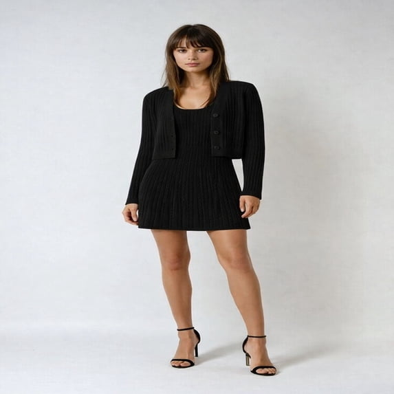 Forever 21 Cable Knit Cardigan Sweater & Mini Dress Set, Color- Black, Size- M