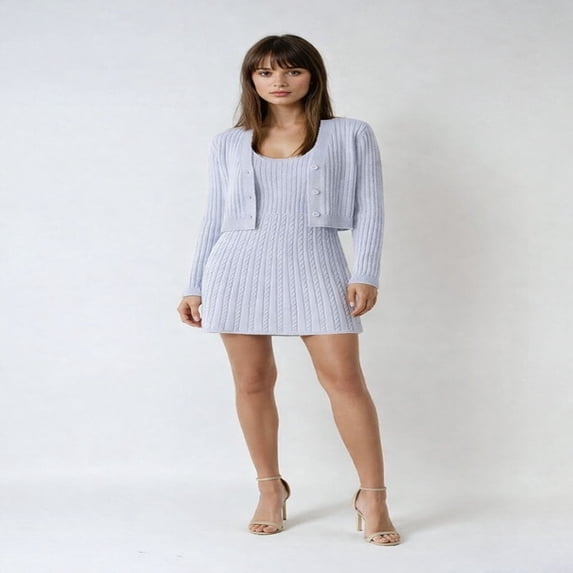 Forever 21 Cable Knit Cardigan Sweater & Mini Dress Set, Color- Light Blue, Size- S