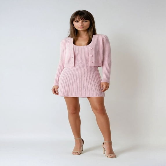 Forever 21 Cable Knit Cardigan Sweater & Mini Dress Set, Color- Pink, Size- M
