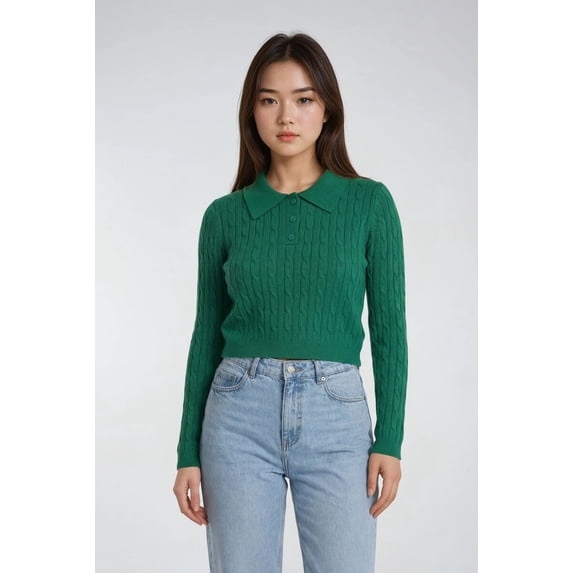 Forever 21 Cable Knit Cropped Sweater, Color-Green, Size-Xs