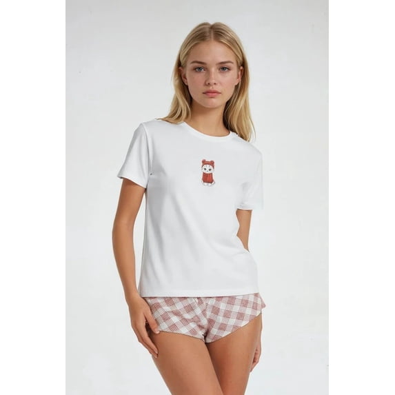 Forever 21 Cat Graphic Tee & Plaid Shorts Pajama Set, Color-Ivory/Red, Size-M