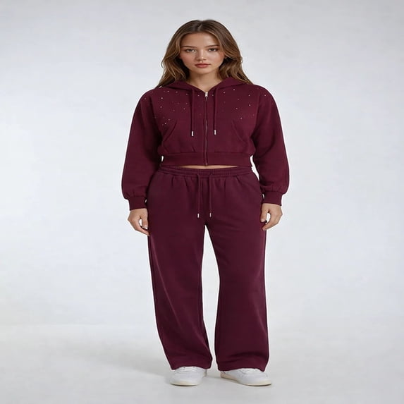 Forever 21 Cropped Embellished Hoodie, Color- Burgundy, Size- S