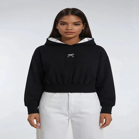 Forever 21 Cropped Lace-Lined Hood & Embroidered-Bow Hoodie, Color- Black/Multi, Size- L