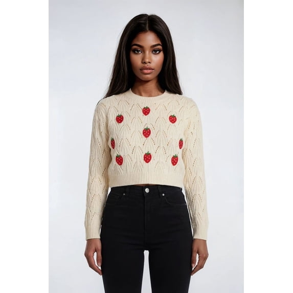 Forever 21 Embroidered Strawberry Cropped Pointelle Sweater, Color-Cream/Multi, Size-M