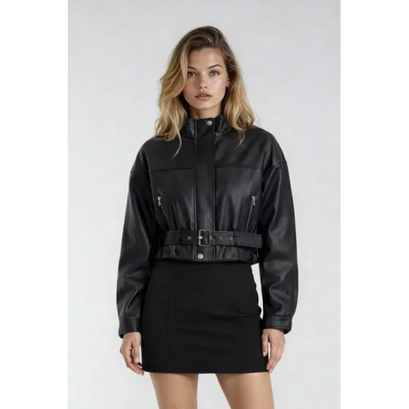 Forever 21 Faux Leather Belted Cropped Jacket, Color-Black, Size-S