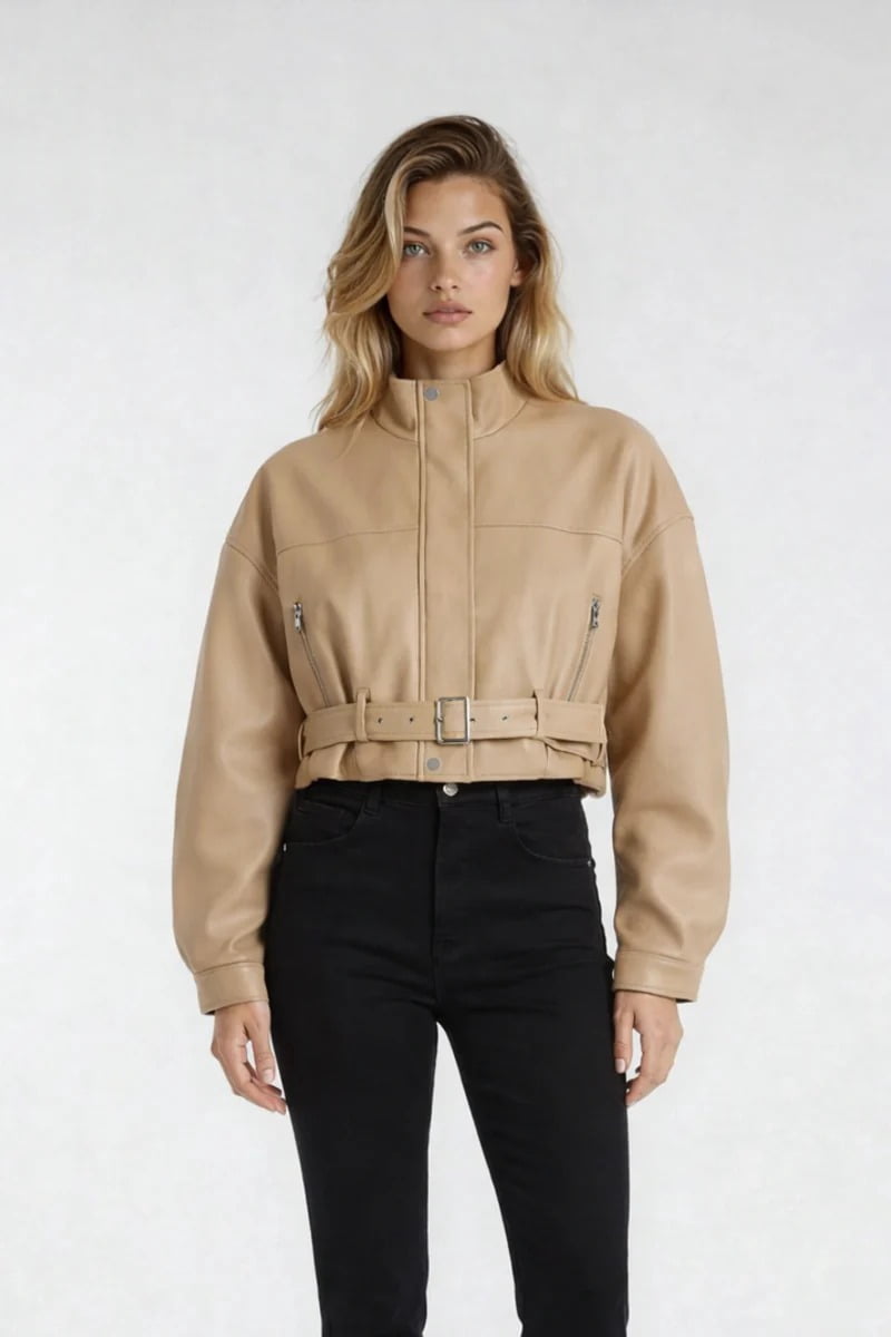 Forever 21 Faux Leather Belted Cropped Jacket, Color-Cream, Size-S