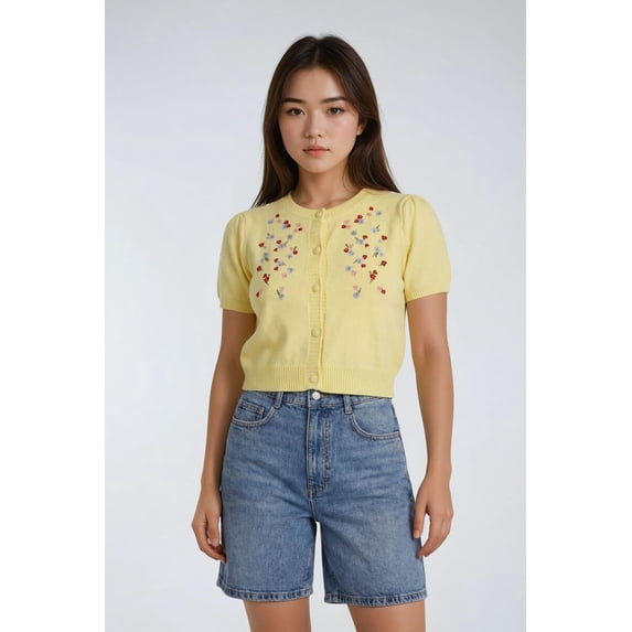 Forever 21 Floral Embroidered Puff-Sleeve Cardigan, Color-Yellow, Size-S